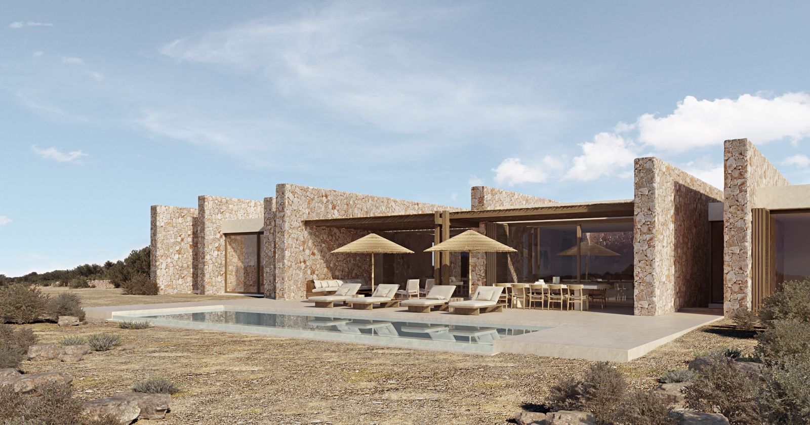 Image may contain Architecture Building House Housing Villa Chair Furniture Patio Pool Water and Indoors